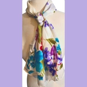 Vintage Usra Scarf with Colorful Jewel Tone Floral Print in 100% Silk
